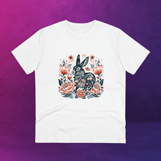 T-shirt blanc lapin entouré de fleurs