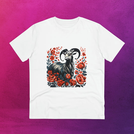 Tee-shirt blanc avec un design de chèvre entourée de fleurs