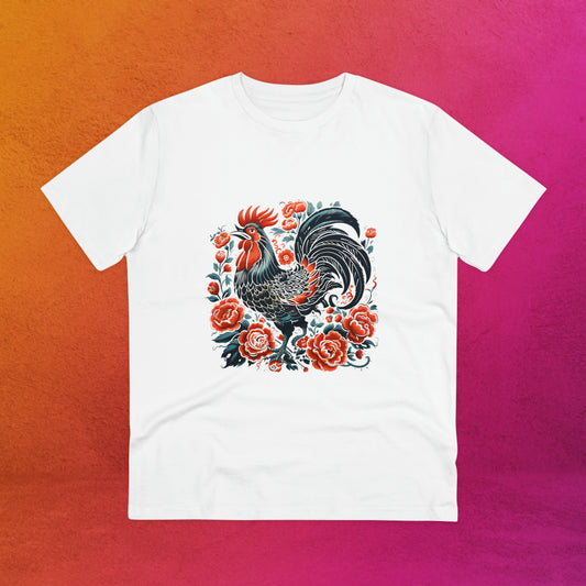 T-shirt blanc avec un design de coq entouré de fleurs