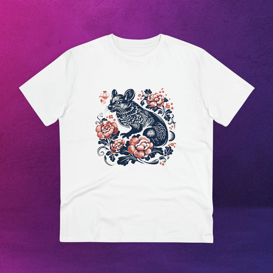 T-shirt blanc souris entourée de fleurs