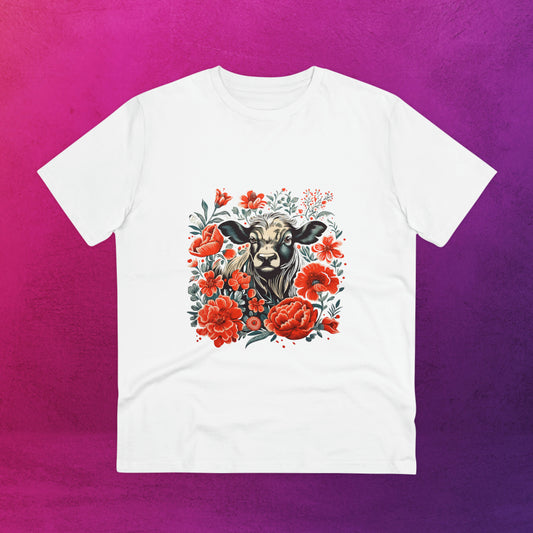 T-shirt blanc avec un design de boeuf entouré de fleurs